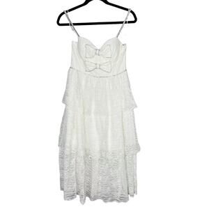 LENA Medium M White Love In My Heart Midi Dress Lace Tiered Bow Rhinestone Bride
